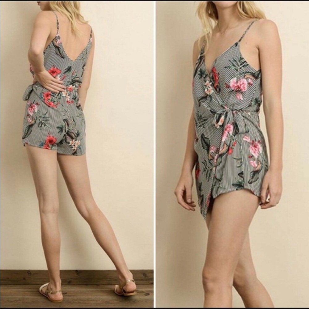 Dress forum wrap front shorts romper floral & stripe girly vacation boho resort